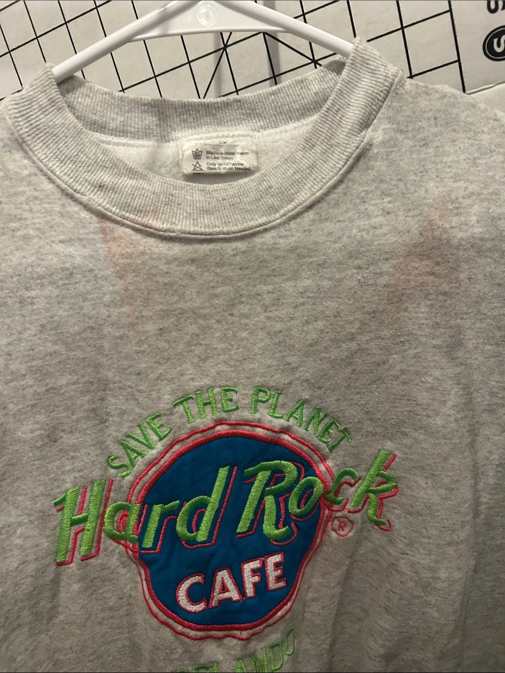 Hard Rock Cafe Gray Crewneck Sweatshirt with Neon Embroidered Logo